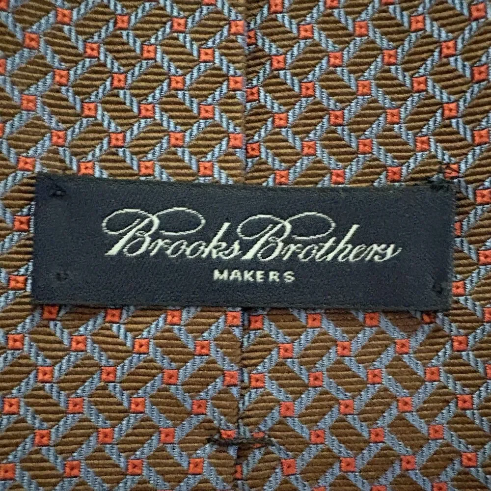 Brooks Brothers Makers Brown Blue Red Woven Geometric Silk Tide VTG Made In USA